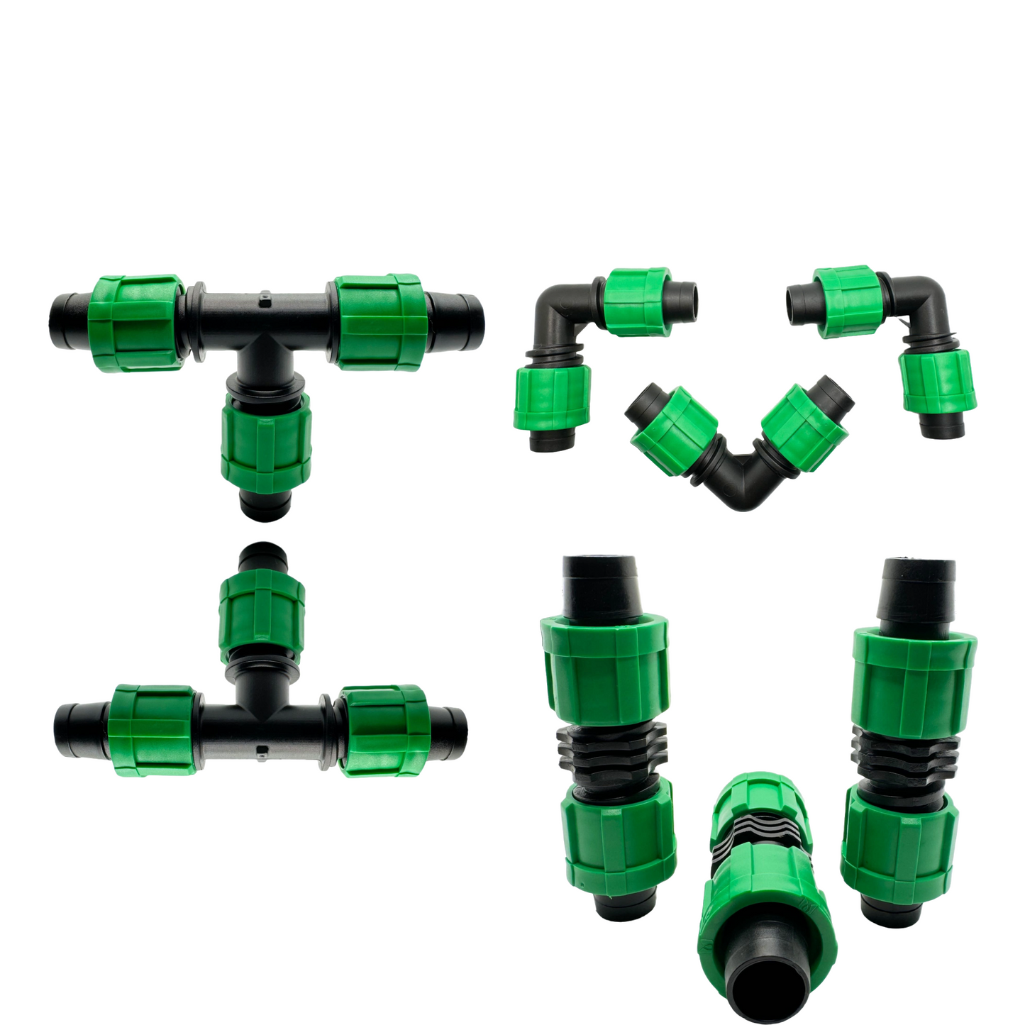 1/2" Drip Irrigation Fittings – Locking Couplings, Elbows & Tees for 16-17mm Tubing (10, 20, or 50 Pack)