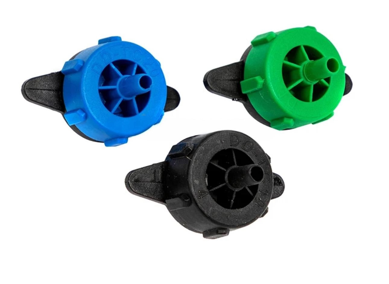 1/4" Pressure Compensating Drip Emitters β 2L/h (Green), 4L/h (Black), 8L/h (Blue)