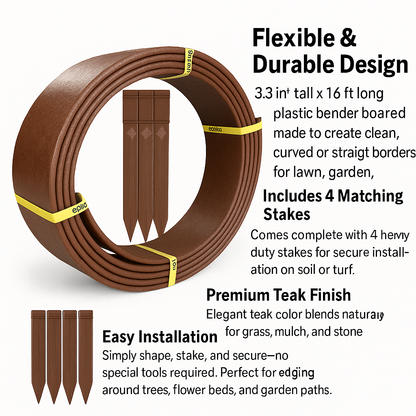 Juego de tablas dobladoras de plástico de 3,3" x 16 pies – Incluye 4 estacas para bordes de jardín y paisajismo (color teca)