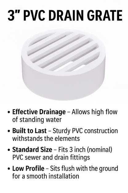 Rejilla de drenaje redonda de PVC de 3" para paisajismo y riego - (Blanca)