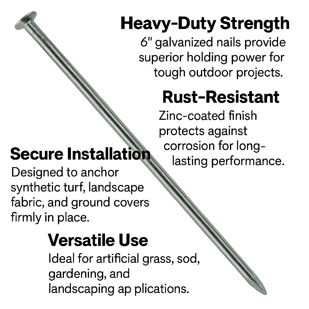Clavos para césped de 6” galvanizados – Estacas de paisajismo de alta resistencia para césped sintético, césped en rollo y tela para suelo | (Paquete de 70 / 140 / 420 / 1400)