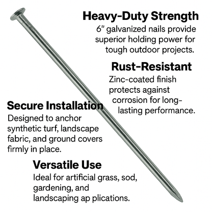 Clavos para césped de 6” galvanizados – Estacas de paisajismo de alta resistencia para césped sintético, césped en rollo y tela para suelo | (Paquete de 70 / 140 / 420 / 1400)
