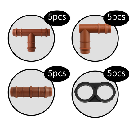 1/2" Drip Irrigation Fitting Kit – 20 Piece Set for Garden & Landscape Systems (.600” ID / 17 mm)(Brown)