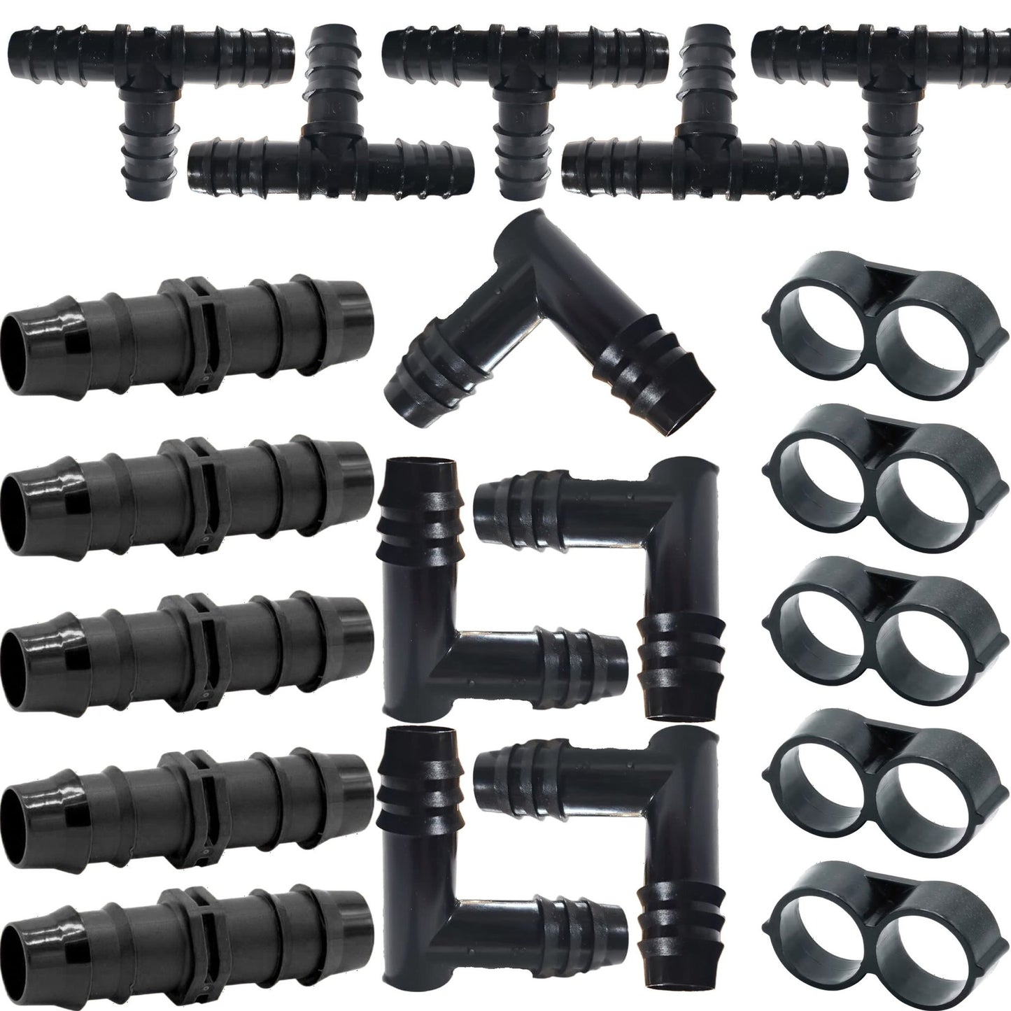 1/2 Inch Barbed Accessory Watering Kit – Available in 5-Piece or 10-Piece Variations – Tees, Elbows, Couplings & Figure 8 End Caps for 0.520-0.630 inch Inner Diameter Irrigation Tubing – Black