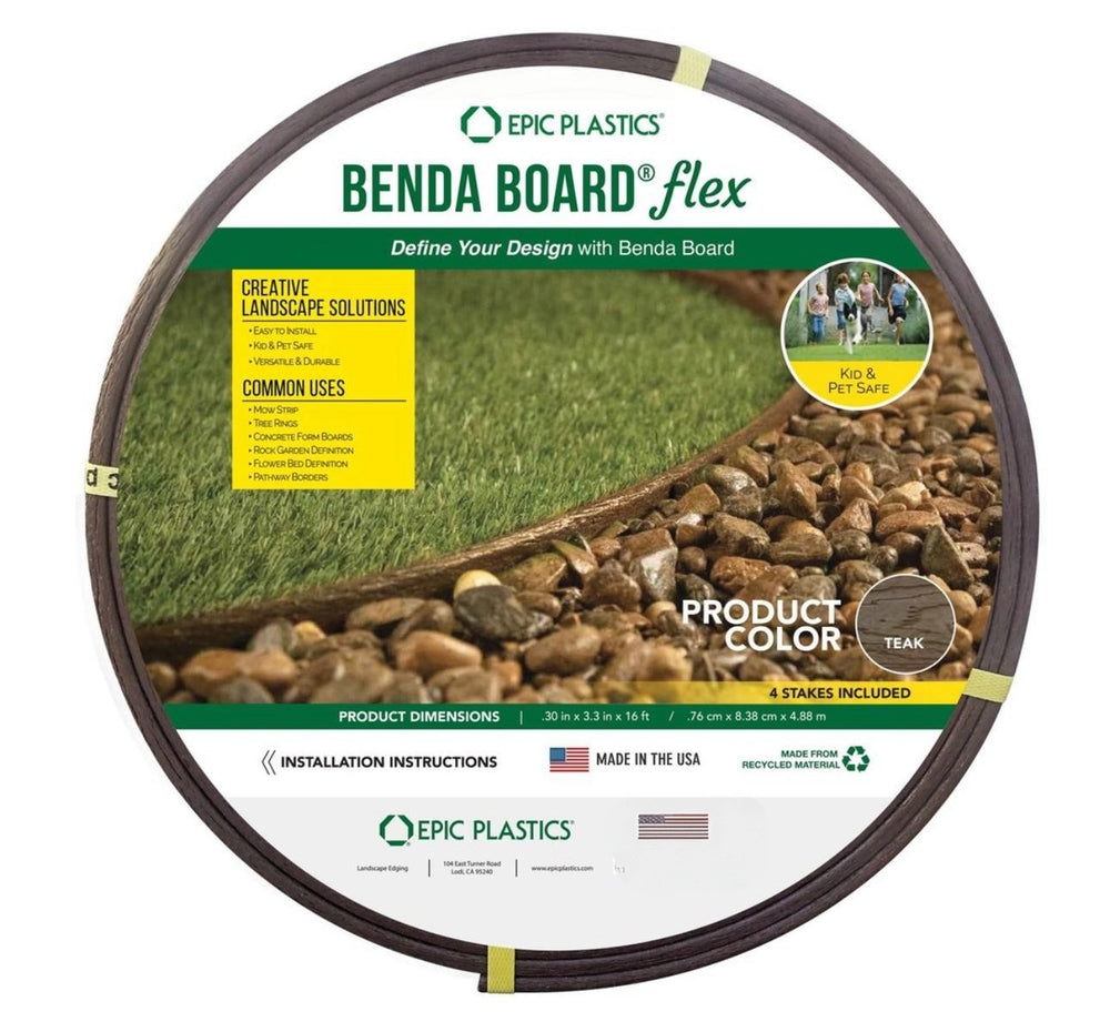 Plastic Bender Board Set 3.3" x 16 ft – Includes 4 Stakes for Garden & Landscape Edging (Teak Color)