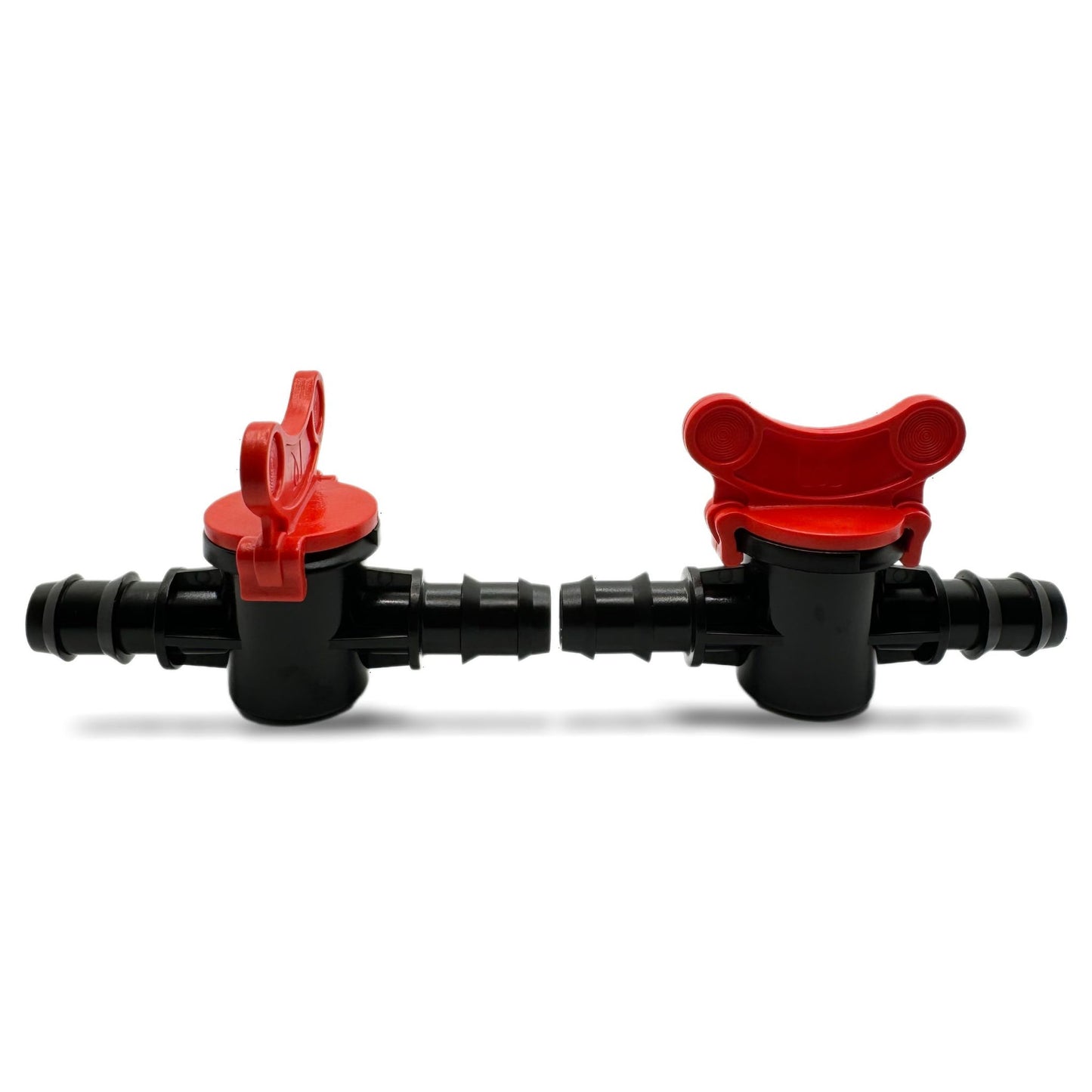 Válvula de cierre con púas de 1/4" para tubos de goteo y líneas de agua (20 mm), rojo/negro (paquete de 10) 