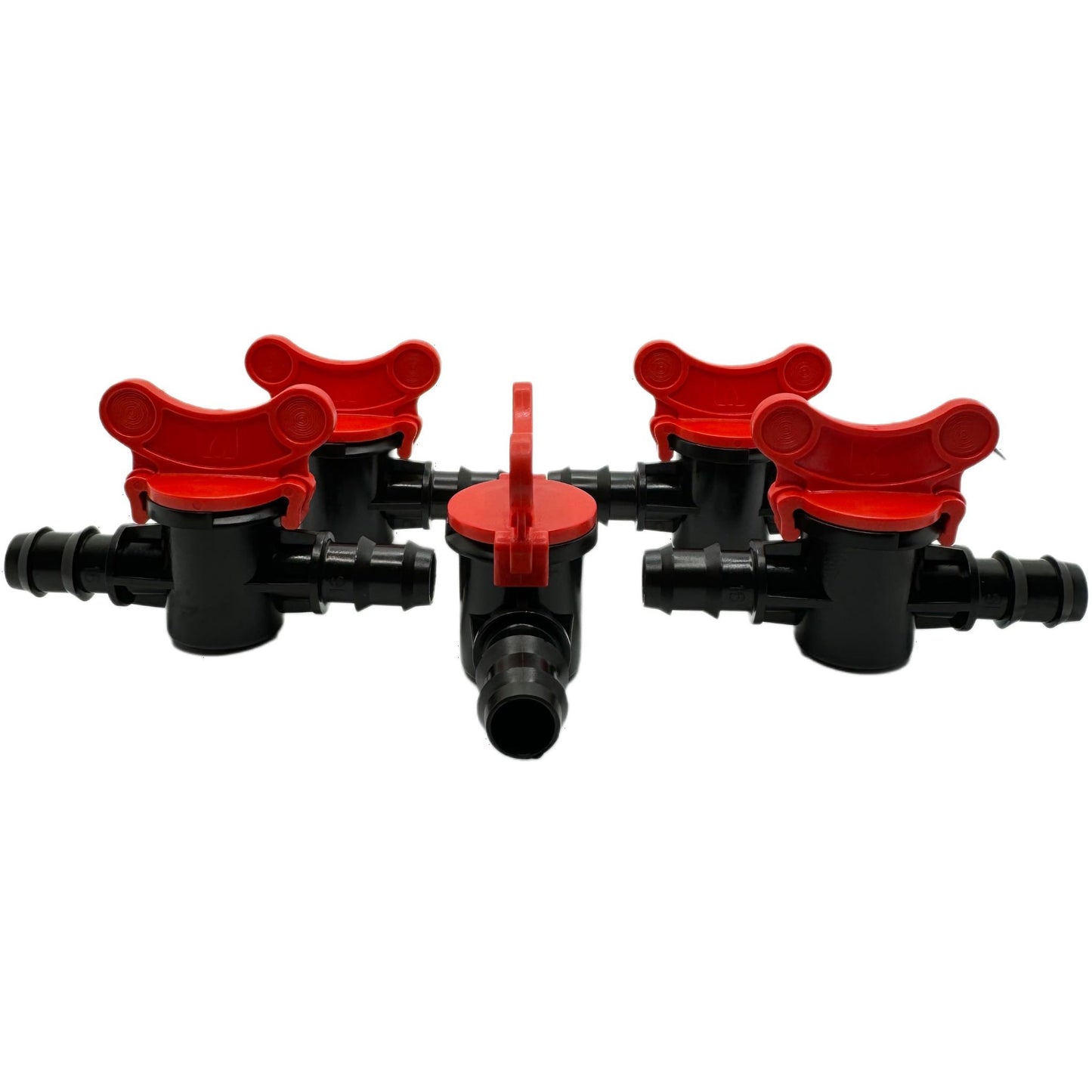 Válvula de cierre con púas de 1/4" para tubos de goteo y líneas de agua (20 mm), rojo/negro (paquete de 10) 