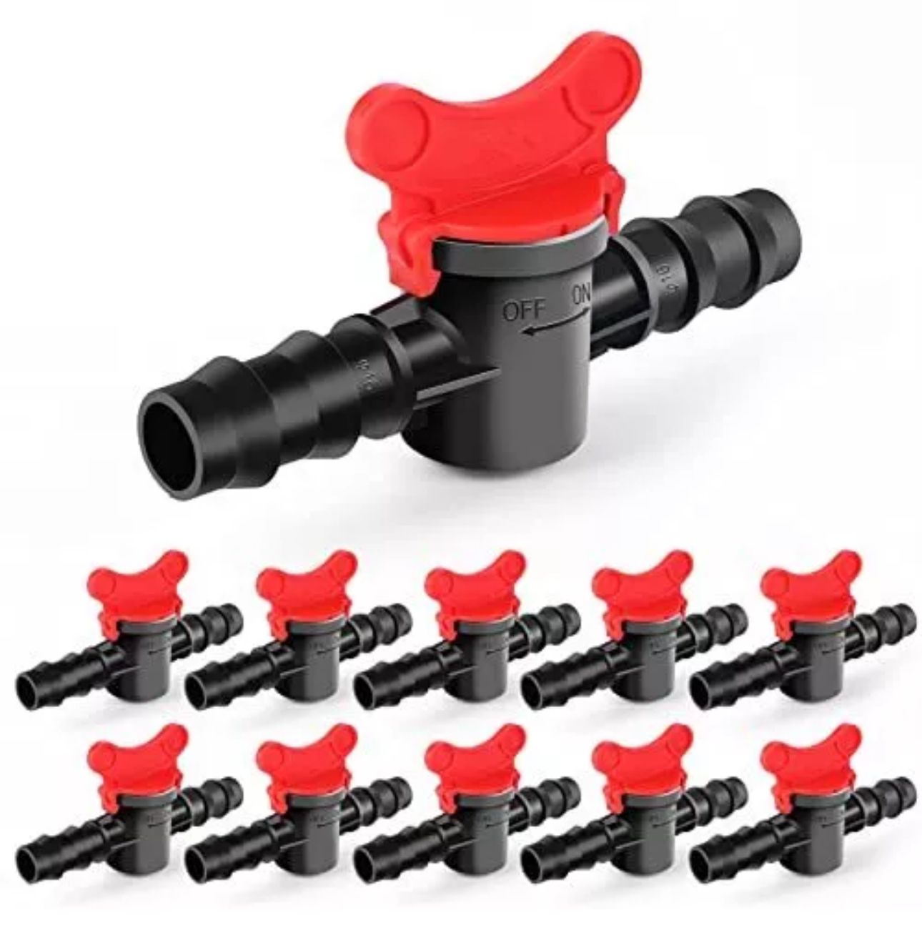 Válvula de cierre con púas de 1/4" para tubos de goteo y líneas de agua (20 mm), rojo/negro (paquete de 10) 