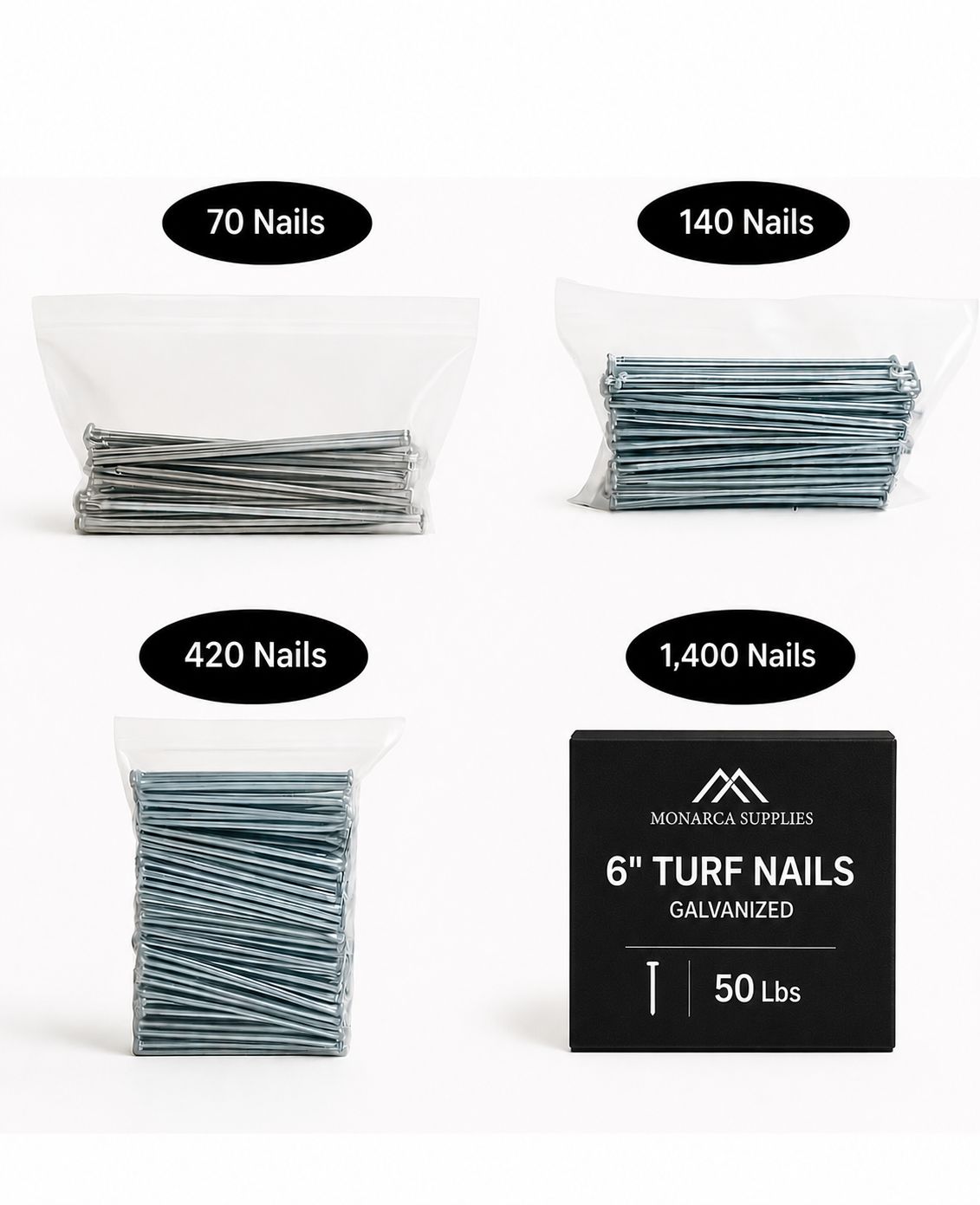 Clavos para césped de 6” galvanizados – Estacas de paisajismo de alta resistencia para césped sintético, césped en rollo y tela para suelo | (Paquete de 70 / 140 / 420 / 1400)