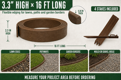 Plastic Bender Board Set 3.3" x 16 ft – Includes 4 Stakes for Garden & Landscape Edging (Teak Color)