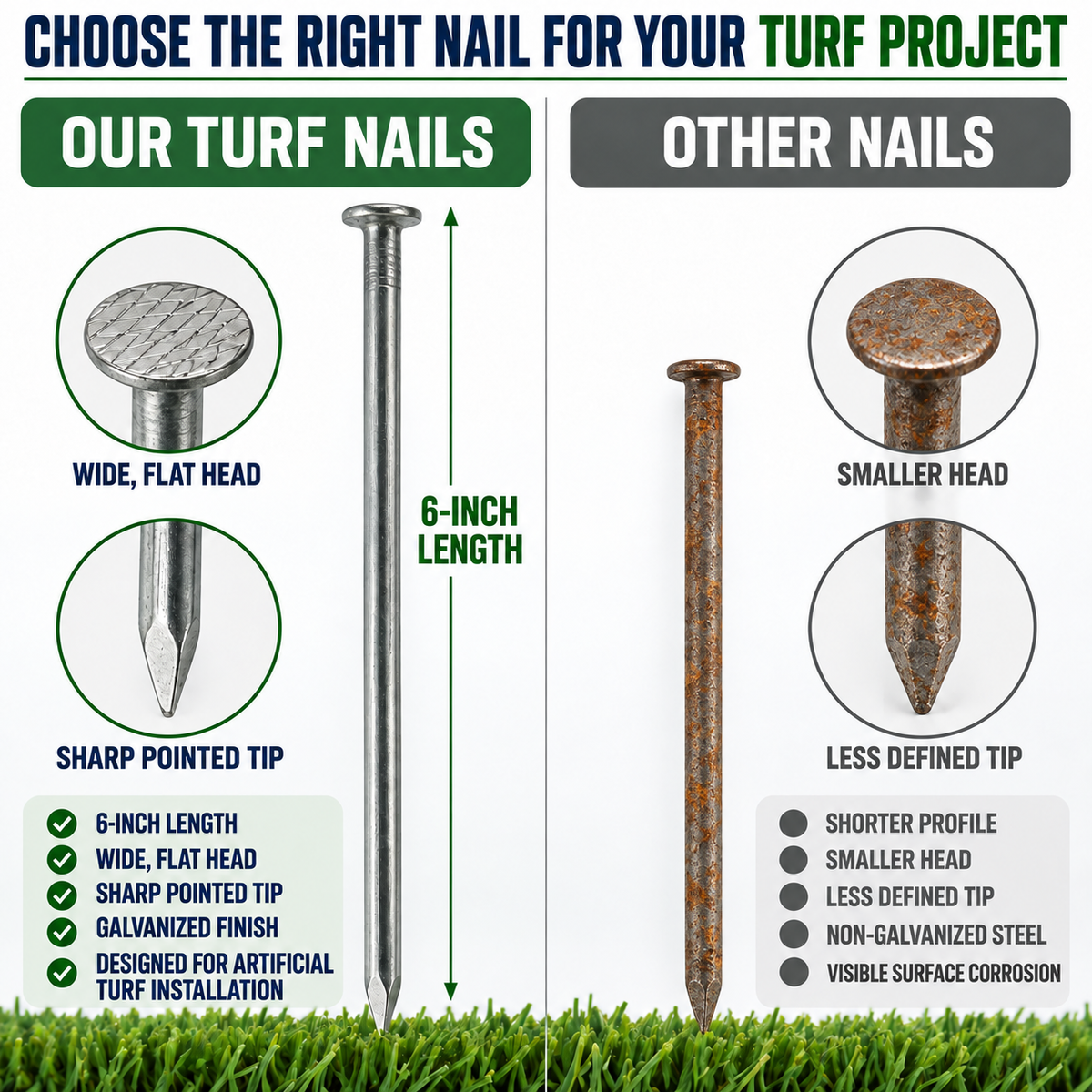 Turf Nails 6” Galvanized – Heavy-Duty Landscaping Stakes for Synthetic Grass, Sod & Ground Fabric | (70 / 140 / 420 / 1400 Pack)