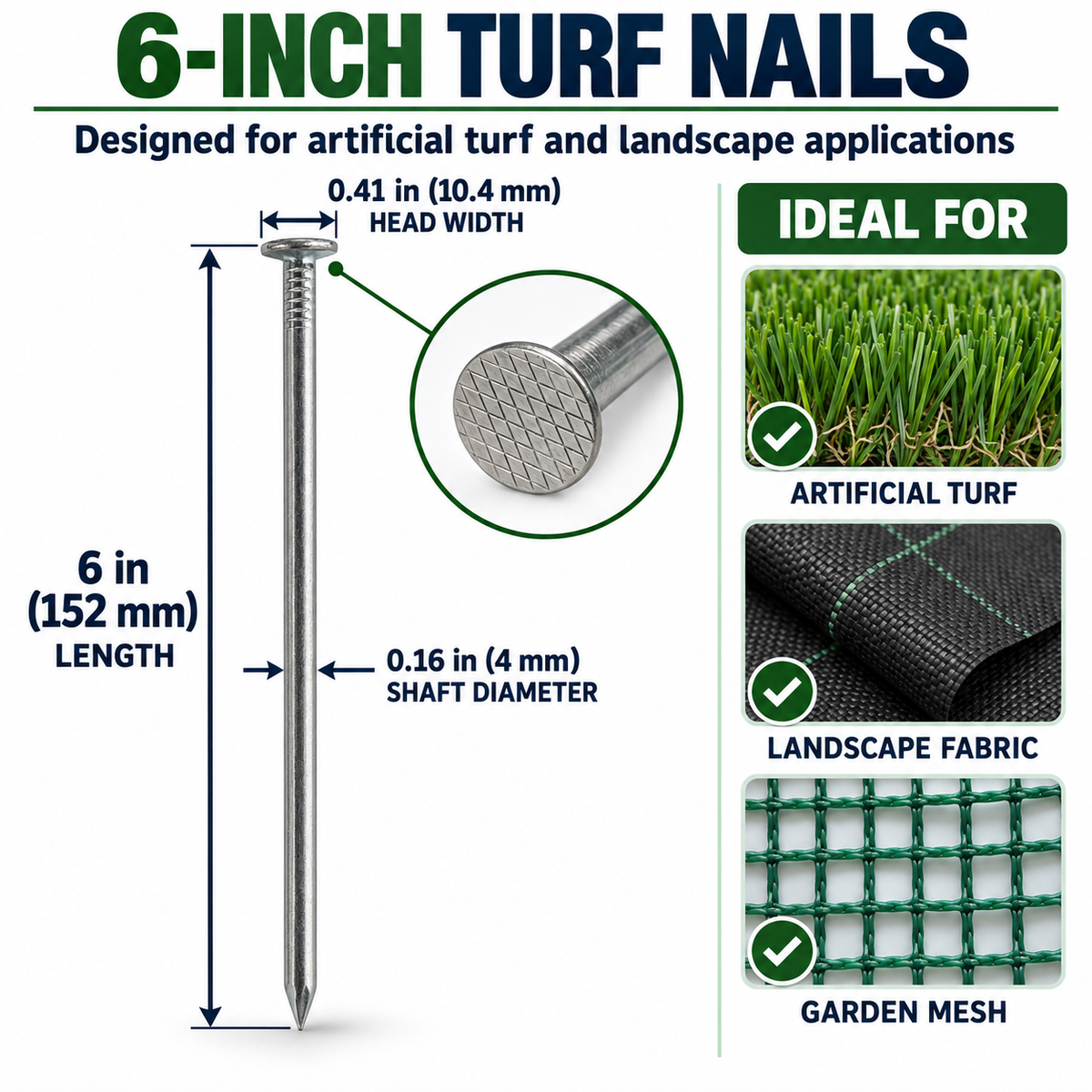 Turf Nails 6” Galvanized – Heavy-Duty Landscaping Stakes for Synthetic Grass, Sod & Ground Fabric | (70 / 140 / 420 / 1400 Pack)