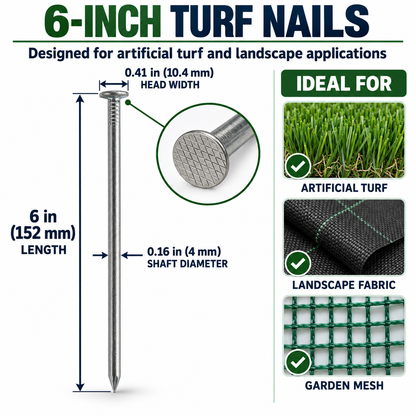 Turf Nails 6” Galvanized – Heavy-Duty Landscaping Stakes for Synthetic Grass, Sod & Ground Fabric | (70 / 140 / 420 / 1400 Pack)